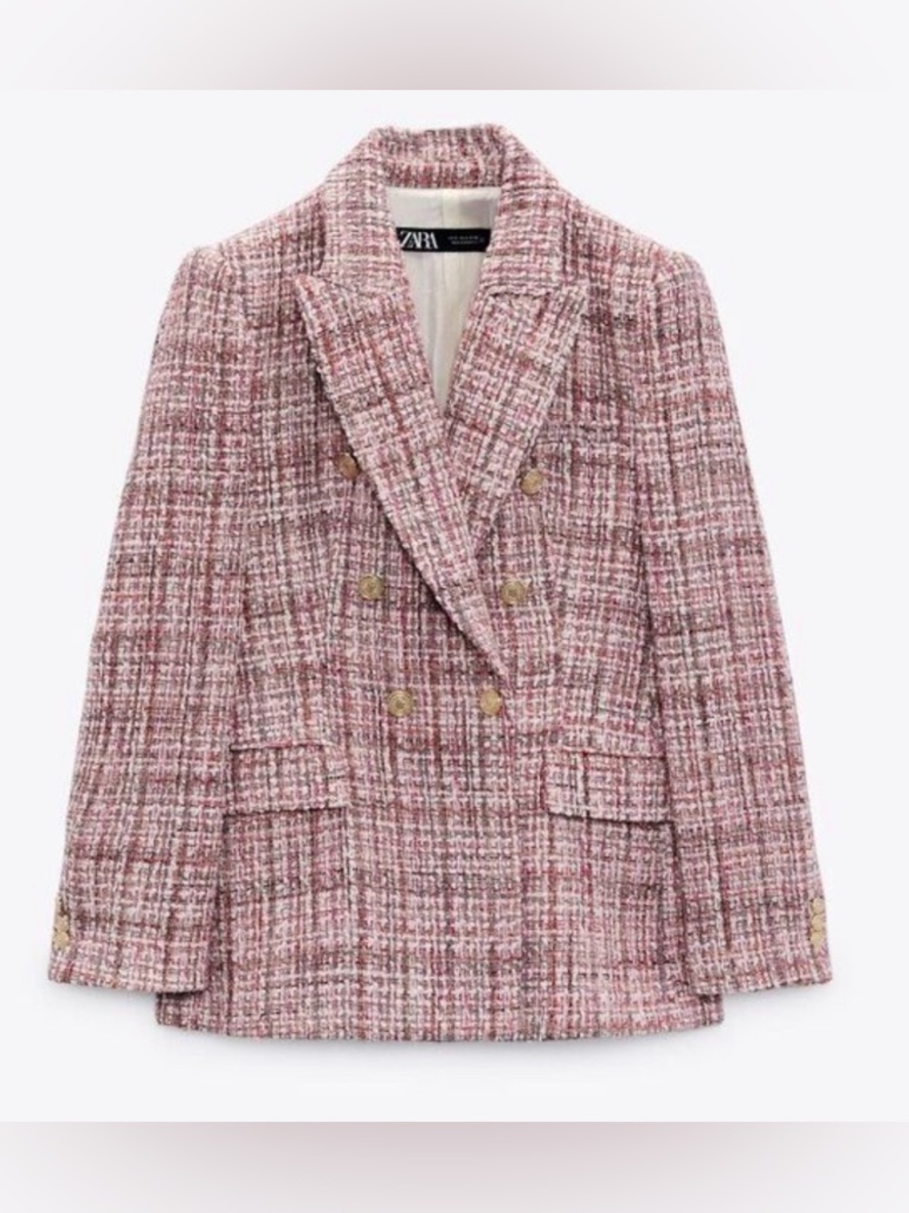 NWT Zara Pink cream & White Tweed Double-Breasted Blazer size Small